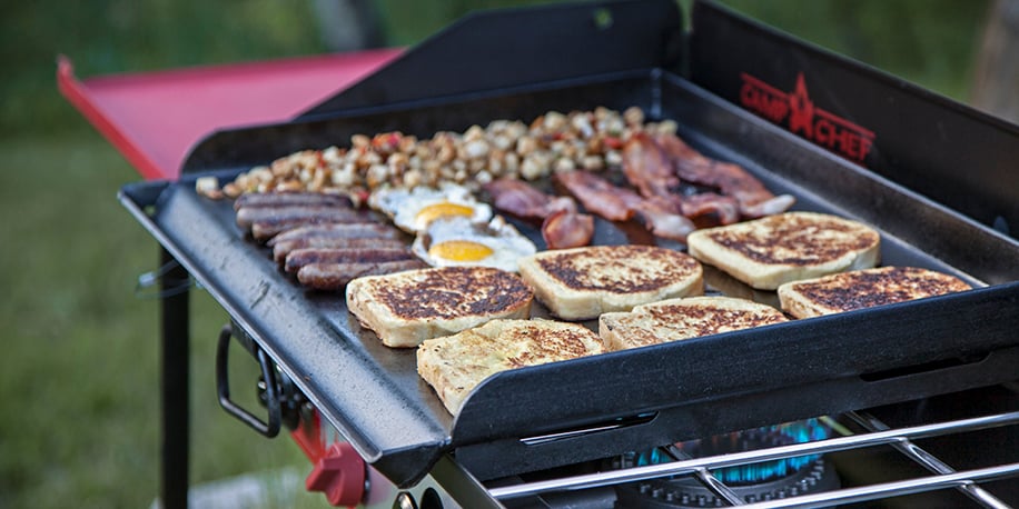 Camp Chef griddle with breakfast foods