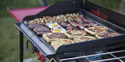 Camp Chef griddle with breakfast foods