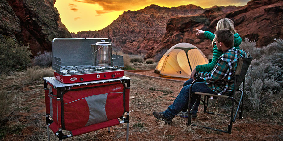 Sherpa Table and Stainless Steel Coffee Pot at the campsite