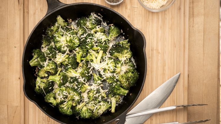 Broccoli Parmesan recipe in a cast iron skillet