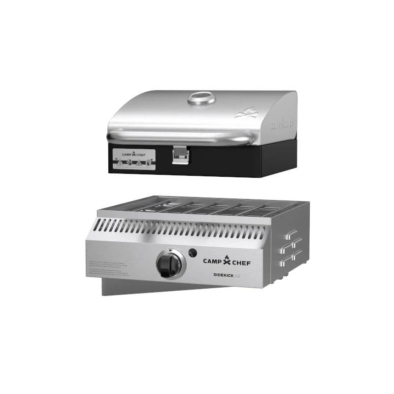 Load image into Gallery viewer, Two Camp Chef Sidekicks appliances: a closed-lid portable grill on top and a propane burner attachment with control knob below, both shown on a white background.
