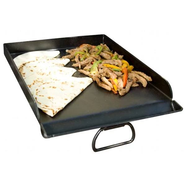 Load image into Gallery viewer, The Camp Chef Griddles 16 features tortillas on one side and cooked beef strips with green and yellow bell peppers on the other, all shown isolated on a white background.
