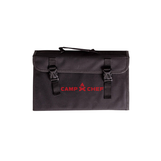 A black rectangular carrying case with a handle, two buckle closures, and Camp Chef in red on the front—ideal for storing your 9 Piece Professional Knife Set or cutting board.