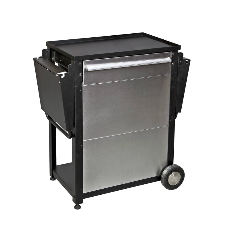 Load image into Gallery viewer, The Camp Chef Patio Cart features a stainless steel and black metal build, flat top, side compartments, rear wheels, and lower storage—ideal for your patio or outdoor kitchen.
