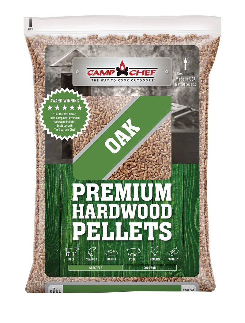 Load image into Gallery viewer, Camp Chef Hardwood Pellets come in a 20 lb resealable bag, deliver rich smoke flavor, feature visible wood pellets, and are ideal for beef, seafood, baking, pork, poultry, and veggies.
