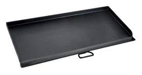 Load image into Gallery viewer, The Camp Chef Griddles 16 is a rectangular black metal tray with raised edges on three sides and a handle centered on one long edge.
