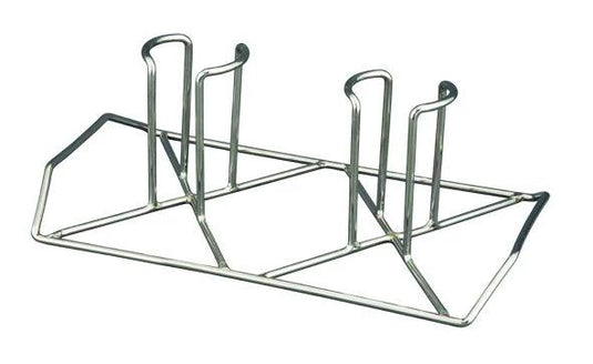 The Camp Chef Beer Can Chicken Holder is a silver wire rack with four upright dividers and a rectangular base, perfect for organizing trays, pans, lids, or using as a chicken holder on your patio grill.