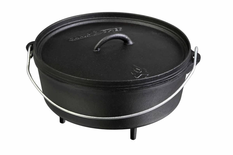 Load image into Gallery viewer, The Camp Chef Classic Dutch Oven is a pre-seasoned black cast iron pot with a lid, wire handle, and three short legs, designed for outdoor cooking.
