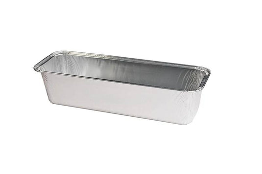 The Camp Chef Disposable Grease Cup Liner (5-Pk) is a rectangular, aluminum foil pan with rounded edges, ideal for catching griddle grease. Shown empty on a white background.
