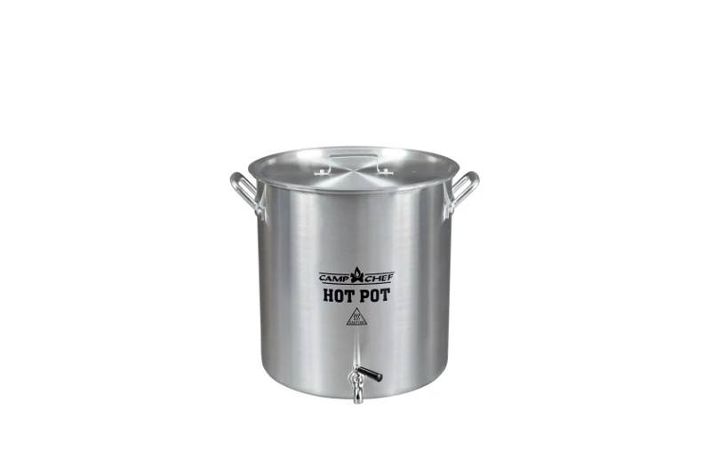 Load image into Gallery viewer, The Camp Chef Hot Water Pot is a large silver metal stock pot with handles, lid, and bottom spigot—ideal as an outdoor beverage dispenser for hot drinks at the campsite.
