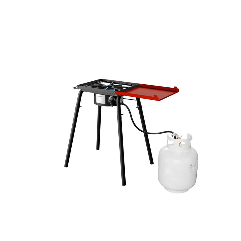 Load image into Gallery viewer, The Camp Chef Explorer 1-Burner is a portable cooking system with a single burner, four black legs, red side shelf, and white propane tank connected by hose—perfect for any outdoor kitchen setup.
