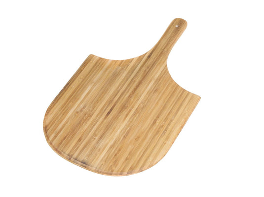 The Camp Chef Italia Pizza Peel features a rounded wooden blade and handle with a hanging hole, showcasing a striped grain pattern—ideal for serving homemade pizza on a white background.
