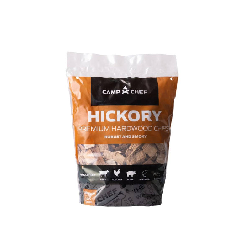 Load image into Gallery viewer, A bag of Camp Chef Wood Chips with orange and white packaging, labeled Robust and Smoky—ideal for adding smoky flavor to meats, poultry, pork, or seafood on the grill.
