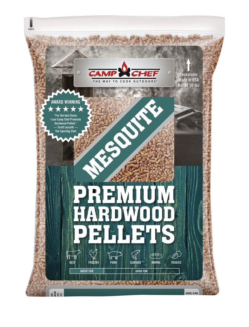 Load image into Gallery viewer, A 20-pound bag of Camp Chef Hardwood Pellets with a turquoise label featuring icons for beef, pork, seafood, and veggies. The clear bag lets you see the pellets inside—ideal for infusing your dishes with rich smoke flavor.

