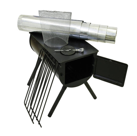 The Camp Chef Alpine Heavy Duty Cylinder System is a black metal portable wood stove with four legs and a grill, perfect for wall tent camping. Stove pipe sections, wire mesh, and a small metal tool rest atop the wood-burning cylinder.