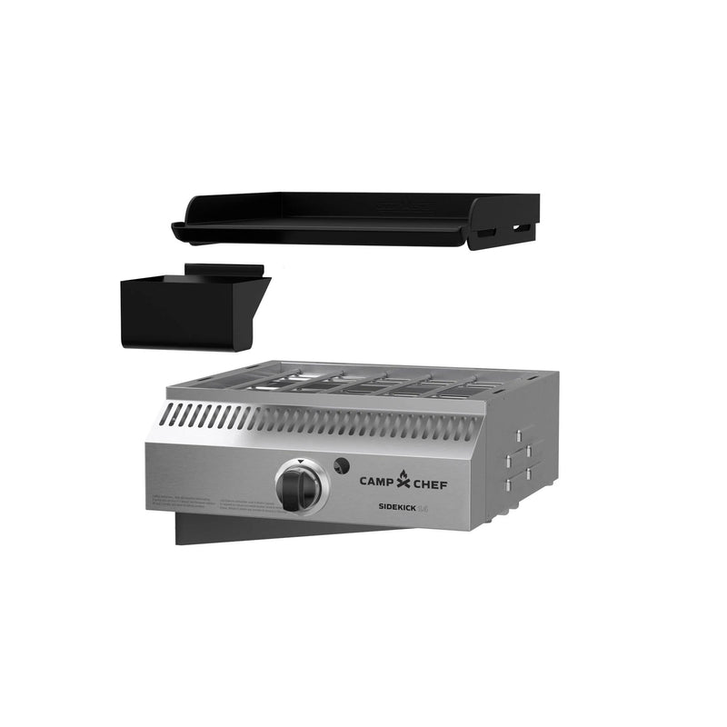 Load image into Gallery viewer, The Camp Chef Sidekicks is a stainless steel pellet grill accessory with a black griddle plate, grease cup, and powerful propane burner, shown above the grill unit against a white background.
