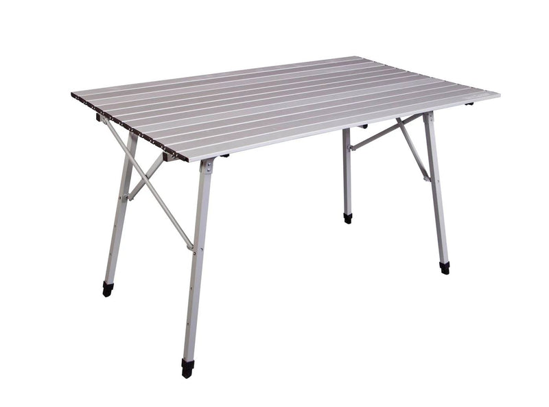 Load image into Gallery viewer, The Camp Chef Mesa Aluminum Camp Table features a ribbed metal surface, rectangular shape, collapsible legs, and adjustable height, shown against a white background.
