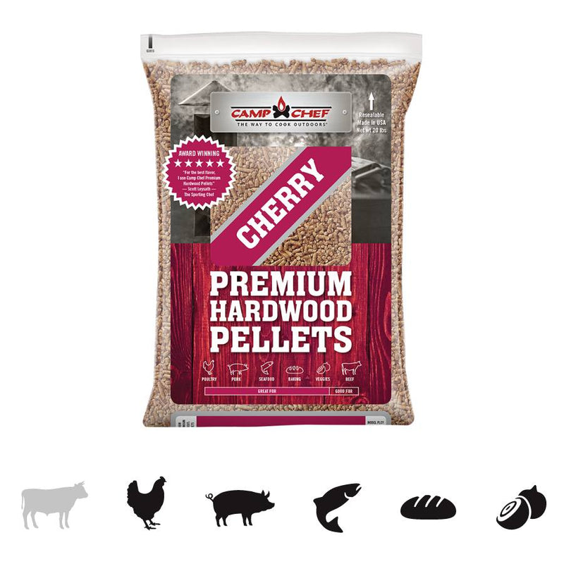 Load image into Gallery viewer, A bag of Camp Chef Hardwood Pellets with icons for beef, chicken, pork, fish, bread, and vegetables. Adds rich smoke flavor to your food. The brown bag features a red and white label.
