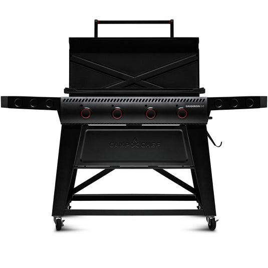 The Camp Chef Gridiron 36 is a black, wheeled barbecue grill with a griddle top that provides even heating and easy clean-up for effortless outdoor cooking.