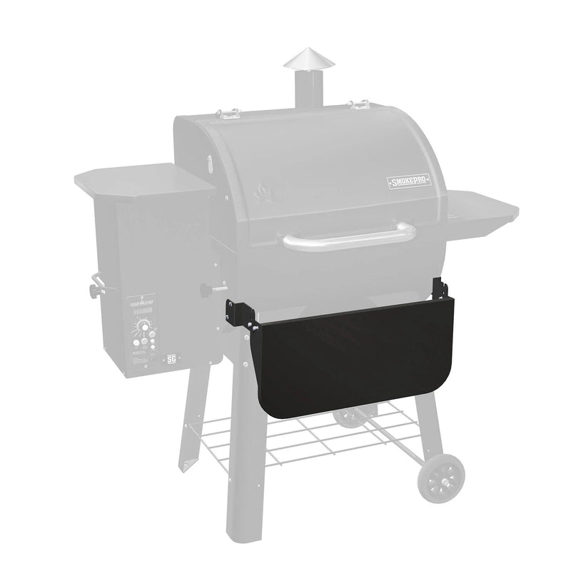 Load image into Gallery viewer, The Camp Chef Pellet Grill Front Shelf, shown in black and attached to the front of a Camp Chef pellet grill faded in the background, highlights this convenient accessory for your grill.
