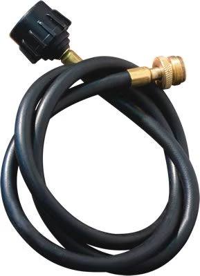 The Camp Chef Bulk Tank Hose Adapter is a coiled black rubber hose with brass connectors—a black plastic knob on one end and a threaded fitting on the other—for connecting bulk propane tanks to portable appliances.