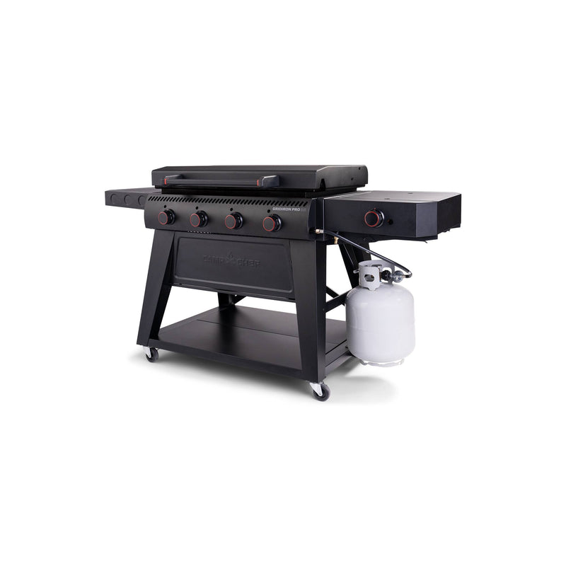 Load image into Gallery viewer, The Camp Chef Gridiron Pro Flat Top Grill features a spacious black cooking surface, six control knobs, side shelves, and wheels for easy mobility—perfect for any outdoor cooking setup.
