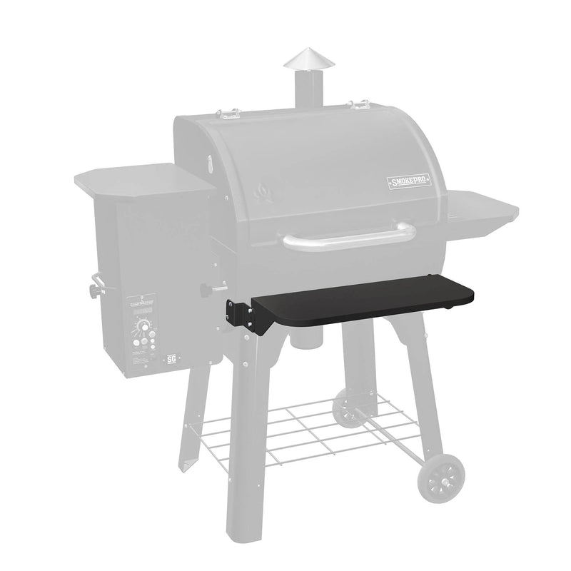 Load image into Gallery viewer, The Camp Chef Pellet Grill Front Shelf, shown here in black and attached to the front of the grill for easy outdoor access, enhances convenience while grilling.
