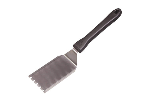 The Camp Chef Stainless Steel Grill Box Spatula features a black handle and a notched edge, making it perfect for cooking or grilling and useful as a convenient grill cleaning tool.