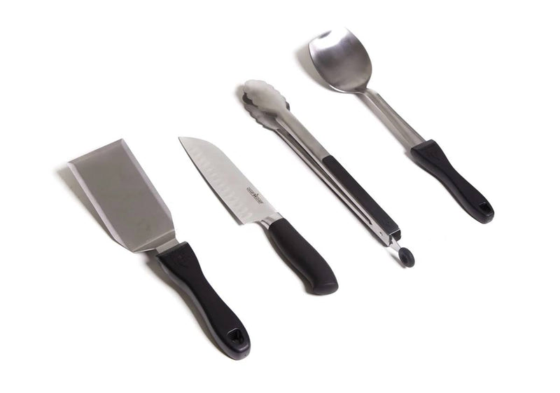 Load image into Gallery viewer, The Camp Chef 5 Piece All Purpose Chef Set features four portable utensils—spatula, chef’s knife, tongs, and serving spoon with black handles—arranged side by side on a white background for convenient camp cooking.
