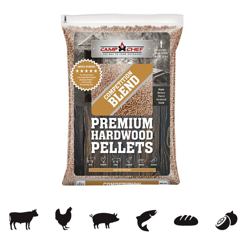 Load image into Gallery viewer, A bag of Camp Chef Hardwood Pellets features award badges and icons for beef, poultry, pork, fish, bread, and vegetables—highlighting its versatile grilling and smoking performance.

