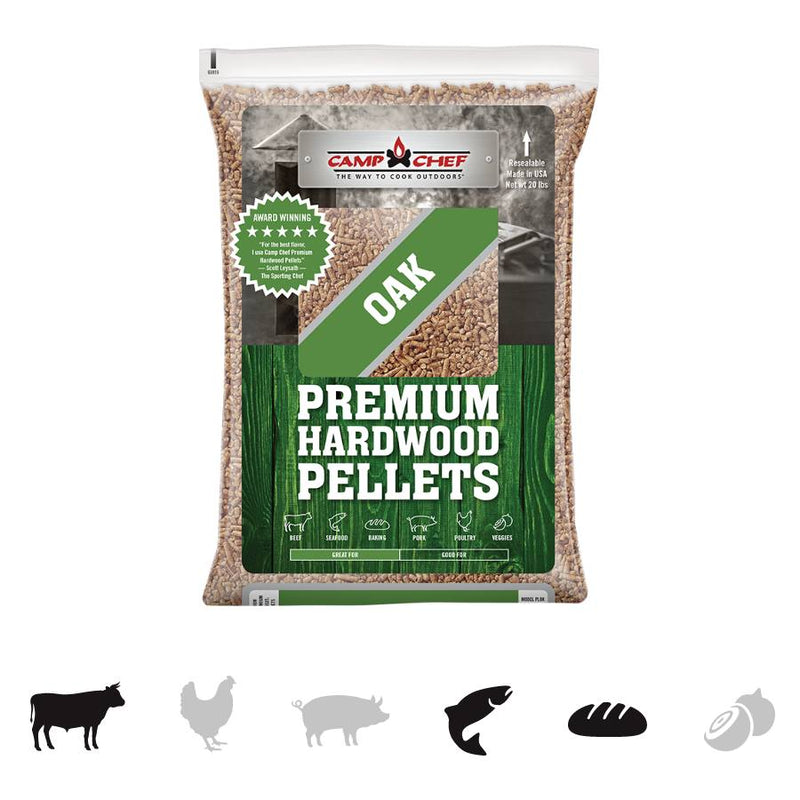 Load image into Gallery viewer, A clear plastic bag of Camp Chef Hardwood Pellets. Icons show it’s ideal for beef, chicken, pork, fish, bread, and pizza. Add rich smoke flavor to your dishes or blend with Mesquite pellets for extra depth.
