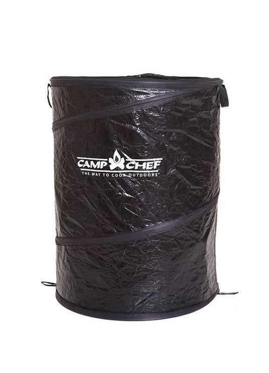 The Camp Chef Collapsible Garbage Can is a black, cylindrical container with the brand logo and 
