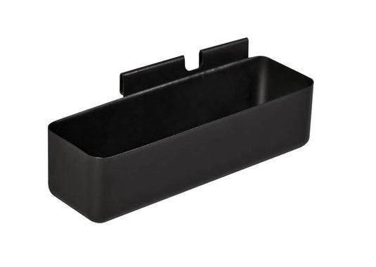 The Camp Chef Professional Grease Cup is a rectangular black metal, wall-mounted storage bin with rounded edges and notched bracket—ideal for organizing grease management tools with your Camp Chef cooking system or Professional Griddle.