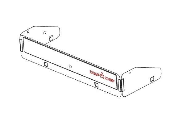 Load image into Gallery viewer, Black and white line drawing of the Camp Chef Cooking System Windscreen, showing two side panels and a rectangular front plate labeled CAMP CHEF with a red flame icon. The bracket includes mounting holes and provides windscreen protection for cooking systems.
