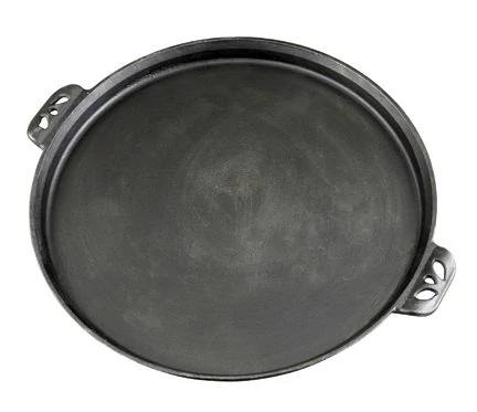 Load image into Gallery viewer, The Camp Chef Cast Iron Pizza Pan is a round, black, flat griddle with decorative handles on each side—ideal for baking homemade pizzas. Shown from above against a white background.
