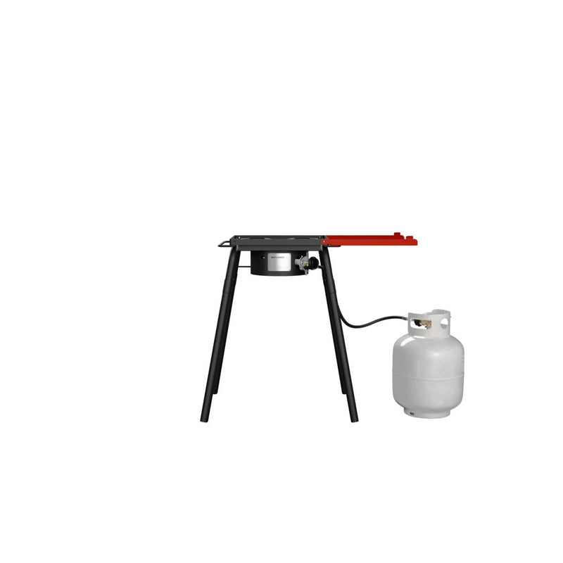 Load image into Gallery viewer, The Camp Chef Explorer 1-Burner features a red side shelf, black legs, and an attached white propane tank on the right—perfect for outdoor kitchens. Shown here on a clean white background.
