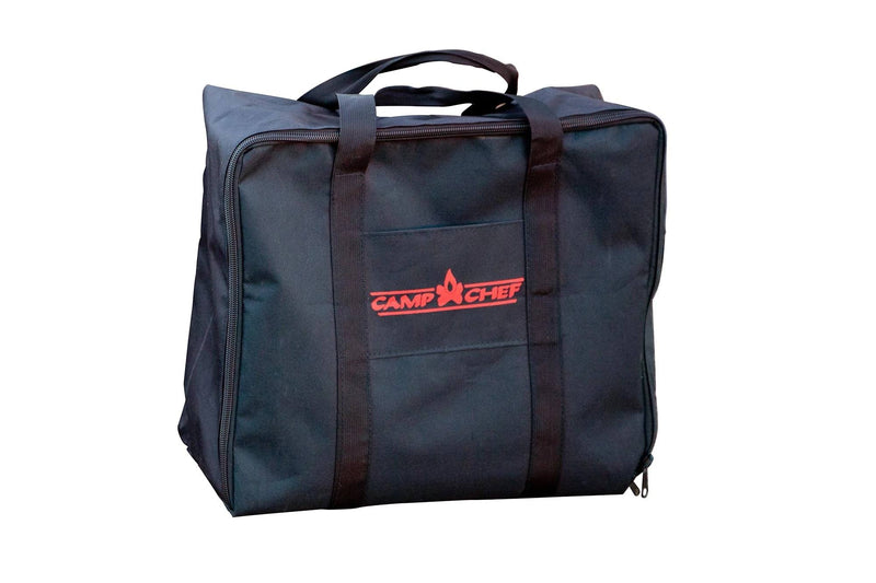Load image into Gallery viewer, The Camp Chef 14" x 16" Carry Bag is a black, square bag with two handles and a red Camp Chef logo on the front, ideal for transporting your cooking system accessories. Shown on a white background.
