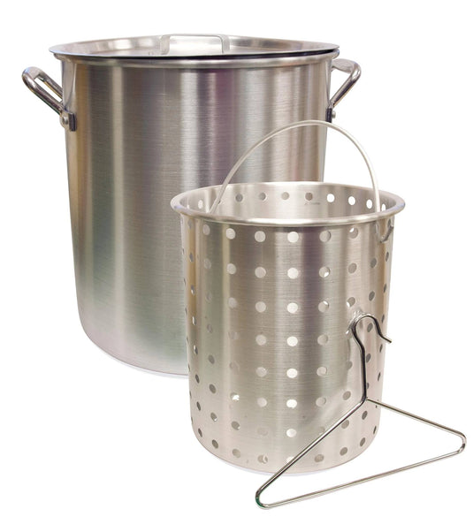The Camp Chef Aluminum Cooker Pot features side handles and comes with a matching aluminum basket and metal lifting hook. The basket fits inside the pot, making it perfect for easy steaming or boiling of food.