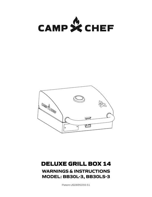 Black and white illustration of Camp Chef BBQ Grill Boxes 14 with logo above; text below reads: DELUXE GRILL BOX 14 WARNINGS & INSTRUCTIONS MODEL: BB30L-3, BB30LS-3, featuring a cast iron grilling surface.