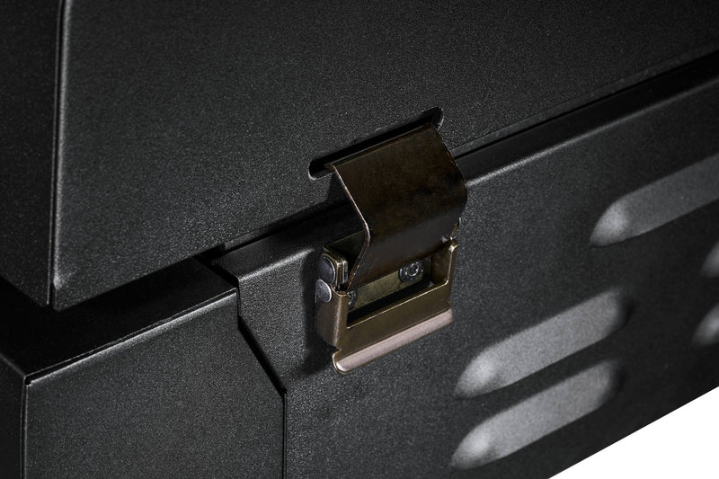 Load image into Gallery viewer, A close-up of the sturdy metal latch on the Camp Chef Gridiron Gameday secures the edge of its black, textured box—ideal for keeping your outdoor cooking system safely closed during travel or tailgates.
