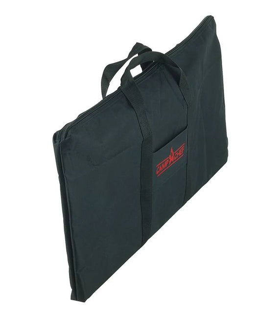 The Camp Chef Griddle Bag FTG600P is a black rectangular carry bag with two handles, a front pocket, and a red Camp Chef logo—perfect for transporting your Portable Flat Top Grill 600's removable griddle.