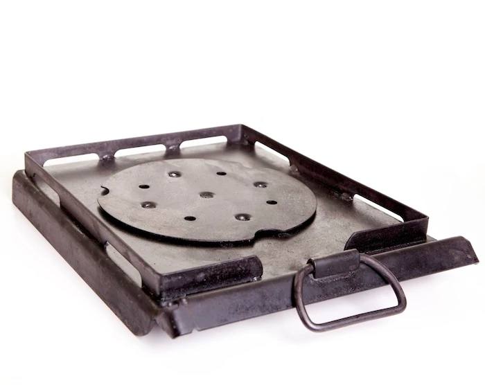 Load image into Gallery viewer, A black rectangular metal portable stove with a center holed circular plate and front handle, perfect for use with Camp Chef Griddles 16 or other professional flat top griddles.
