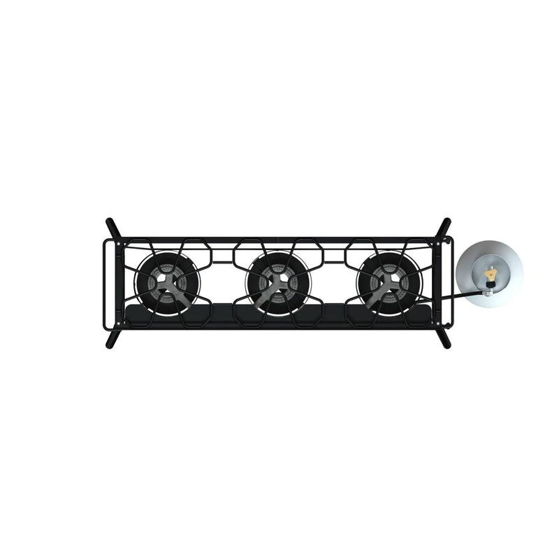 Load image into Gallery viewer, Top view of the Camp Chef Explorer, a three-burner black metal gas stove for outdoor cooking, connected to a round silver gas cylinder on the right, isolated on white.

