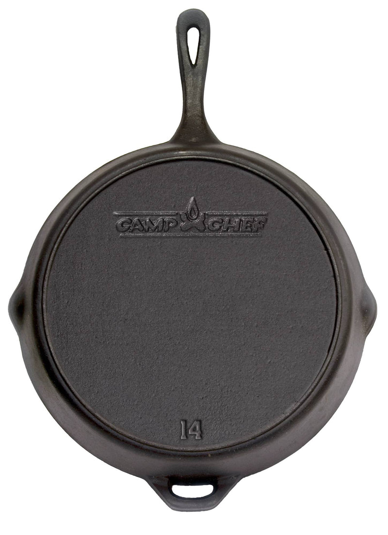 Load image into Gallery viewer, The Camp Chef Cast Iron Skillet is shown from above, featuring a black seasoned finish, a handle with an opposite loop handle, two side spouts, and the bottom displays the Camp Chef logo, flame icon, and number 14.

