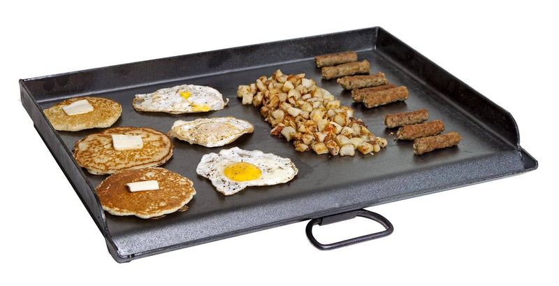 Load image into Gallery viewer, The Camp Chef Griddles 16 shows pancakes with butter, sunny-side-up eggs, diced browned potatoes, and sausage links neatly arranged in rows on its flat top griddle.
