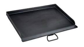 The Camp Chef Griddles 16 is a rectangular black cast iron Flat Top Griddle featuring raised edges and a centered front handle, shown isolated on a white background.