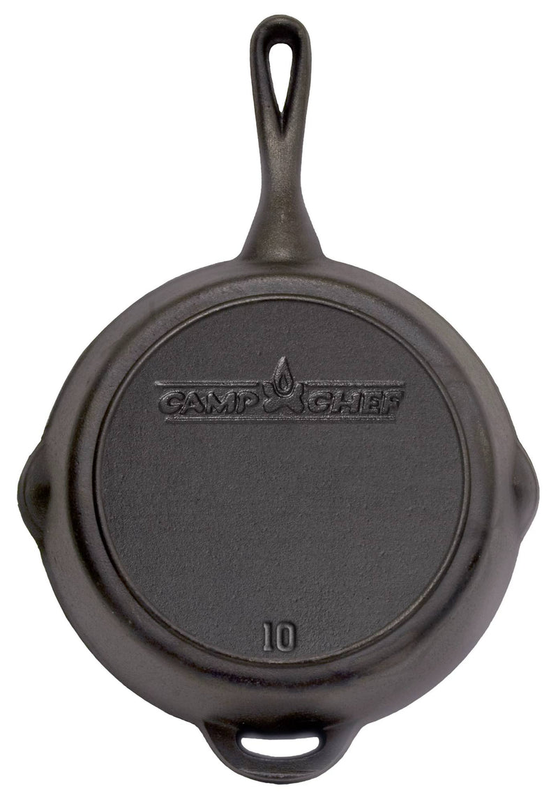 Load image into Gallery viewer, A Camp Chef Cast Iron Skillet is shown from above, featuring the brand name and number 10 on its base. The skillet includes a main handle at the top and an assist handle at the bottom.
