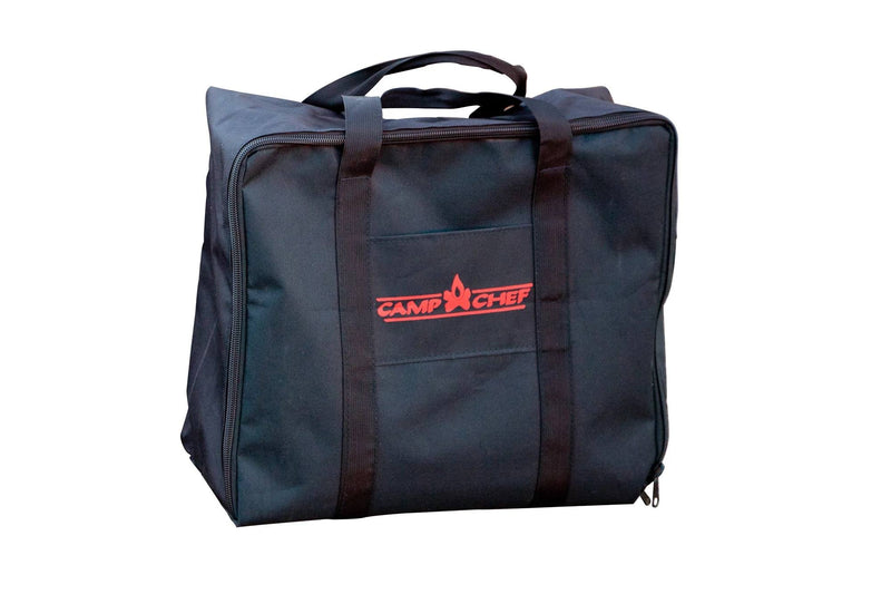 Load image into Gallery viewer, The Camp Chef 14" x 16" Carry Bag is a black, square-shaped, durable bag with two handles, a zipper, and the red Camp Chef logo on the front—ideal for transporting cooking system accessories or camping gear.
