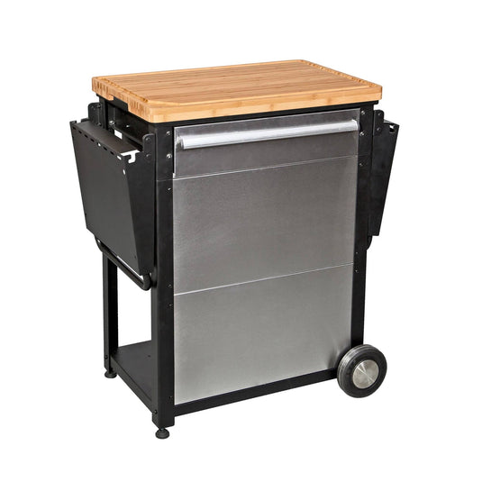 The Camp Chef Patio Cart features a stainless steel build, wooden butcher block top, black metal frame, side storage compartments, and two large wheels for easy mobility—an ideal versatile addition to your outdoor kitchen.