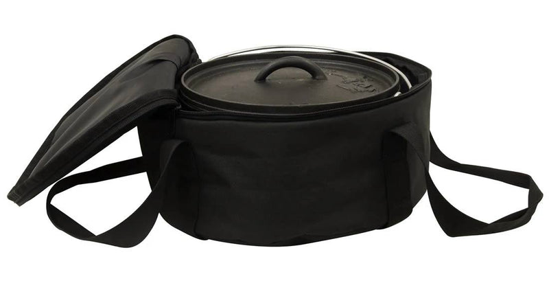 Load image into Gallery viewer, The Camp Chef Dutch Oven Carry Bag, shown in black with handles and a partial zipper open to display a Dutch oven and lid inside, offers secure storage and easy transport for your cookware.
